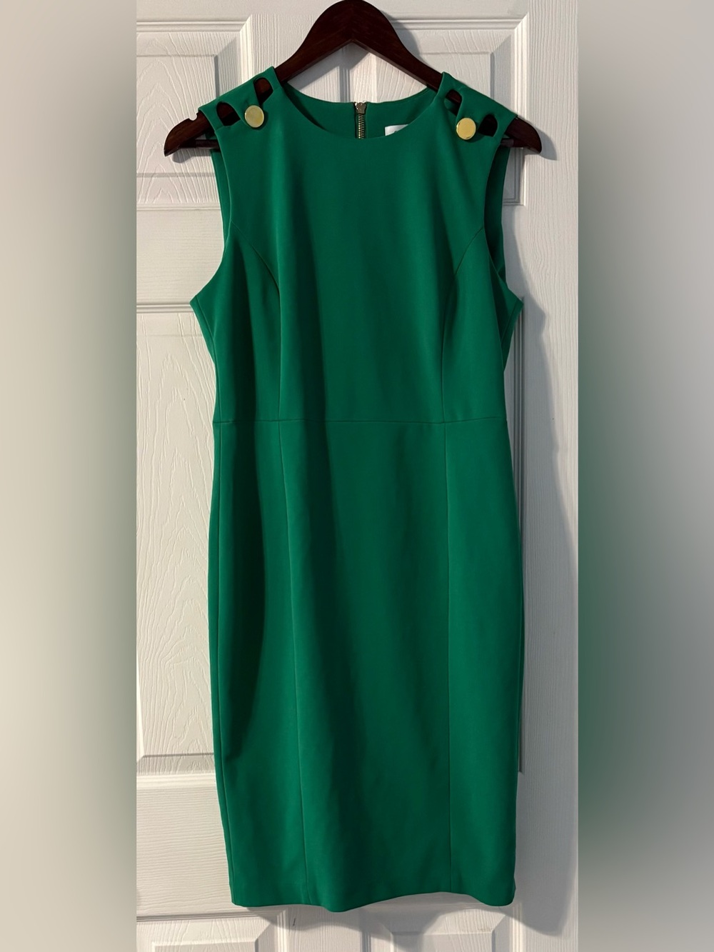 Calvin Klein Sleeveless Midi Dress in Emerald Green with Gold Buttons